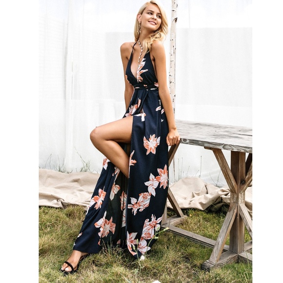 Rouge! Dresses & Skirts - Deep V Backless Strappy Navy Floral Maxi Dress